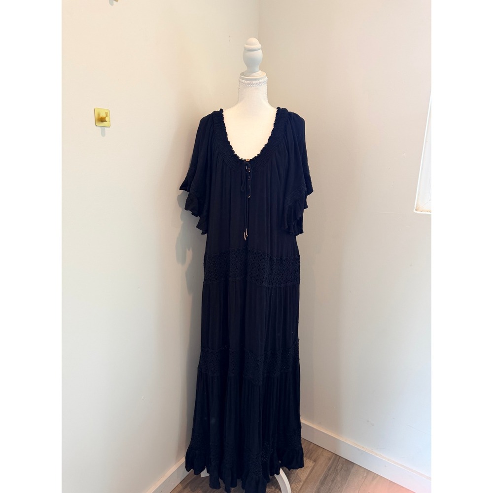 Free People Black Gauze Crochet Lace Tiered Maxi Dress Flutter Sleeve Large